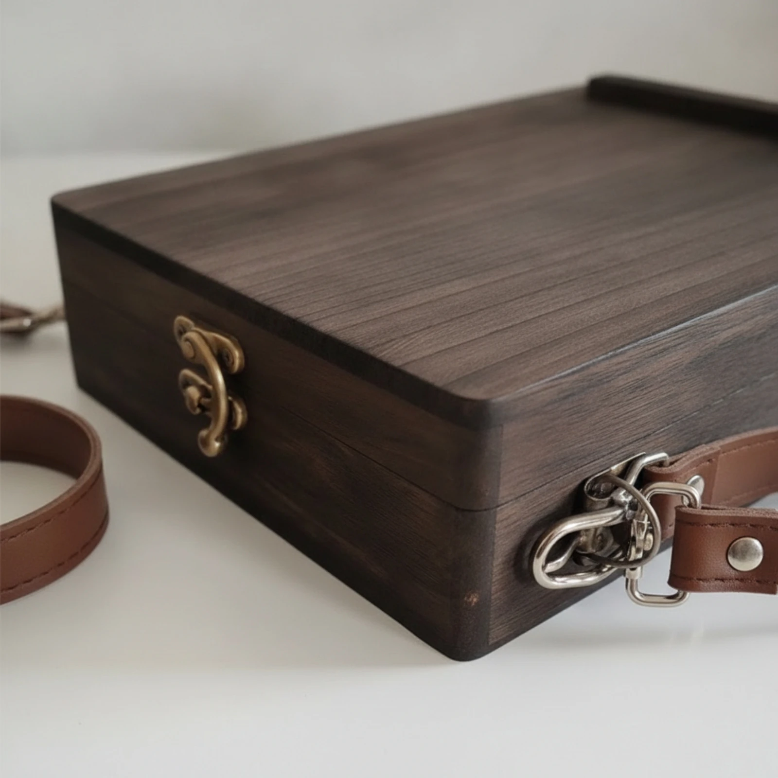 Wooden Box with Strap Rectangular Wooden Box with Hinged Lid Carry Case Hard-Sided Sturdy for Travelers, Travel