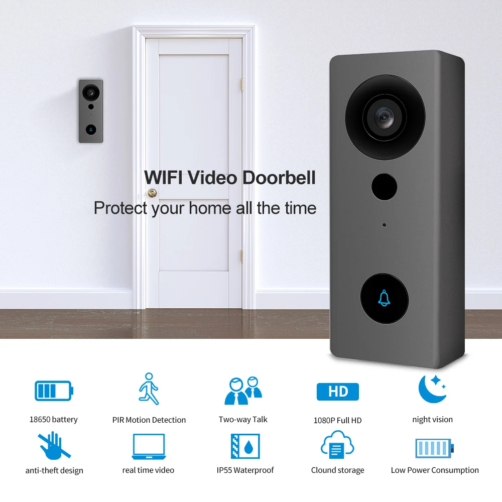 Bel Pintu Video Nirkabel WIFI IP Tuya APP 2MP 1080P dengan Sudut Lebar 140 Derajat H.265