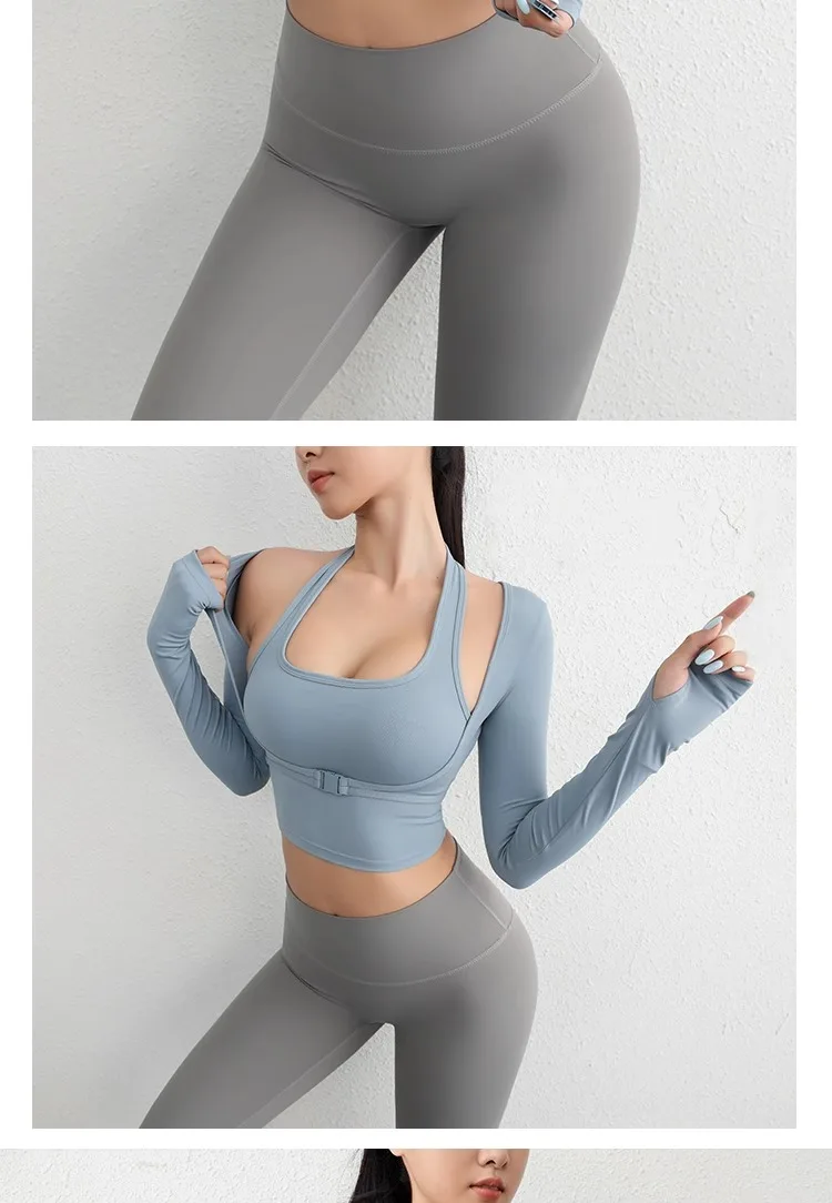 Herbst Sport Damen Oberteile Modische Langarm-Trainings-Tops mit Daumenlöchern Fitness Crop Yoga-Top – Detail 21