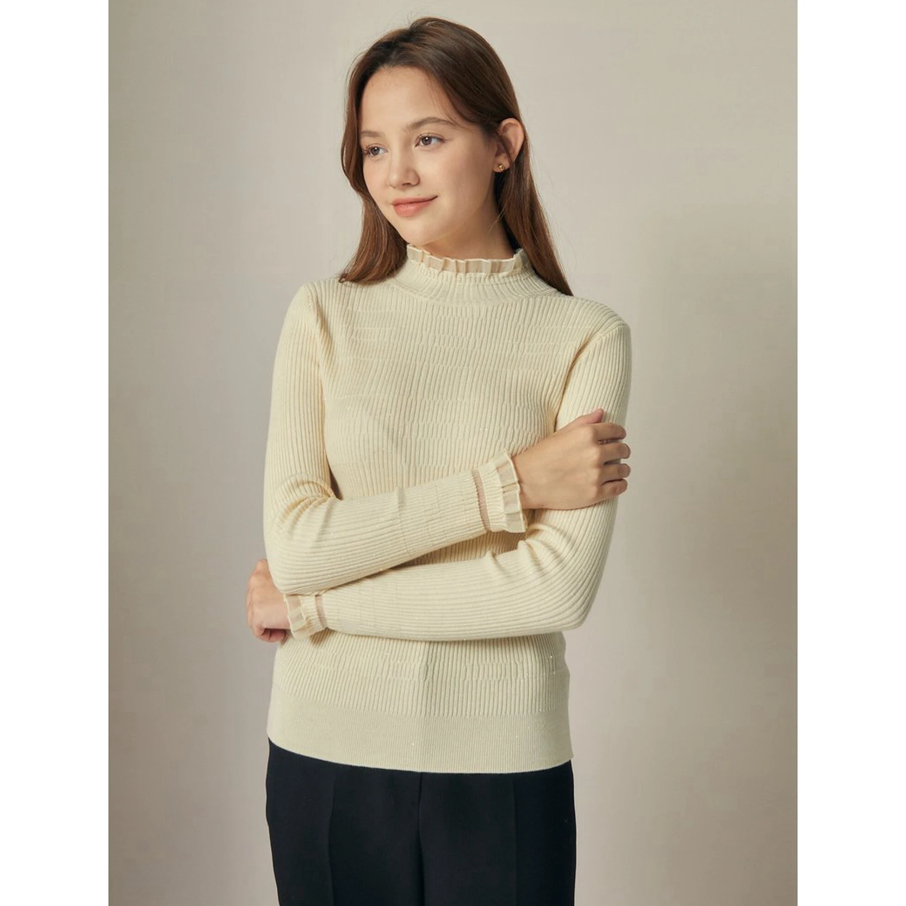 Ele Lemon Cheese JIG25 Winter Faionable Spitzenkragen Splice Stripe Base irt Damen Strickpullover Hoher Kragen Lang S...