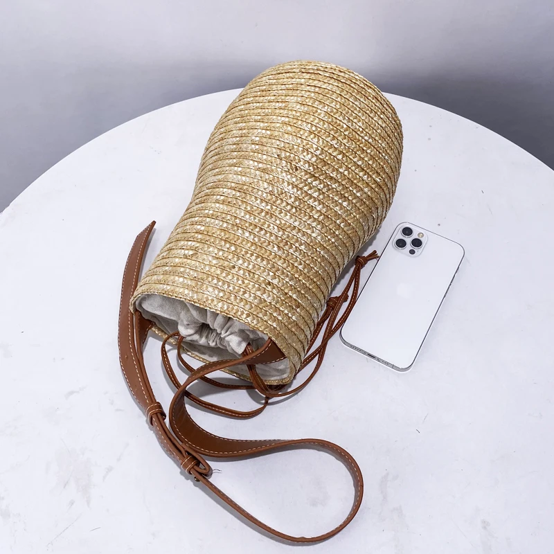 Bohemian Straw Bucket Bags For Women Luxury Designer Handbag Purse 2024 New In Papyrus Woven Gourd Shape Underarm Beach Shoulder