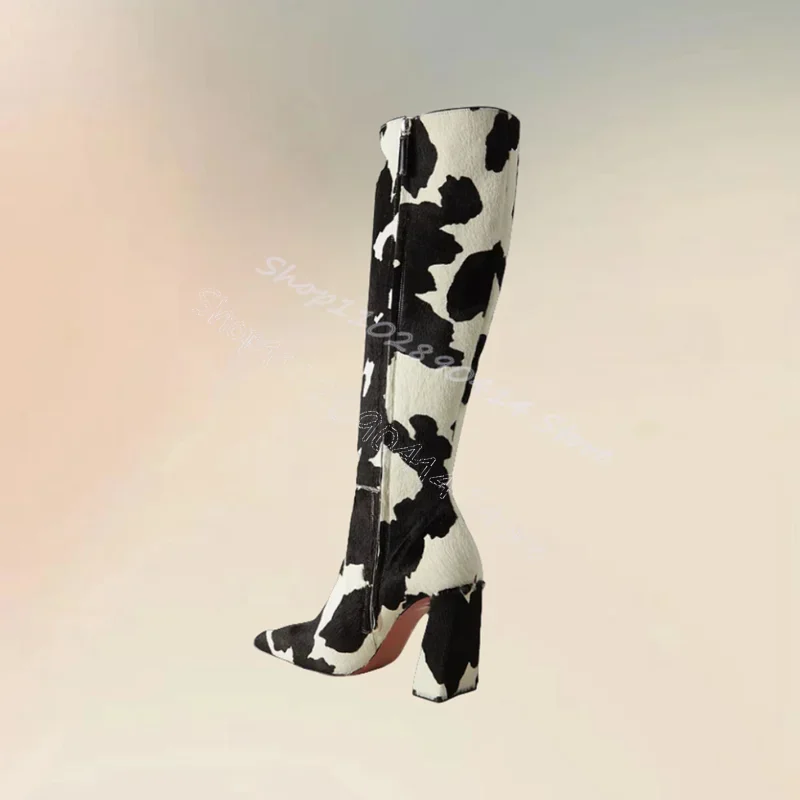Mixed Color Dairy Cow Print Horsehair Boots Side Zipper Women Shoes Chunky High Heels New Party Banquet 2024 Zapatos Para Mujere