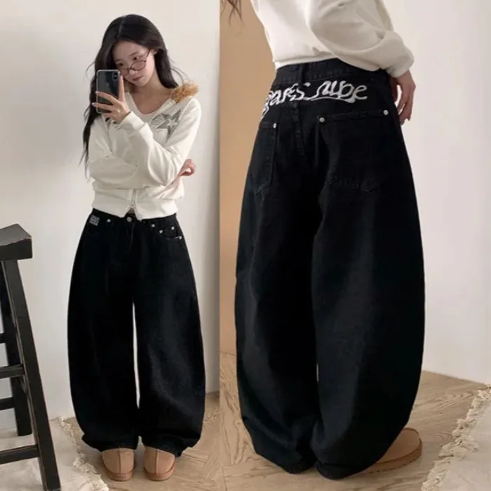 

Loose Wide Leg Jeans Women's High Waist Cotton Denim Embroidered Washed Floor-Length Casual Trousers Spring Season Black