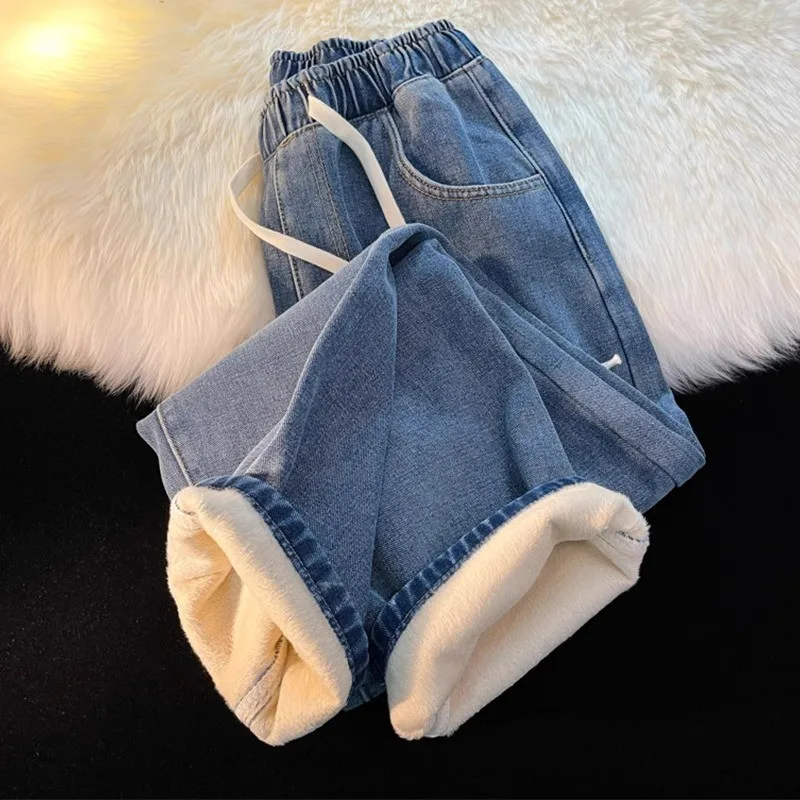 

Autumn Winter Loose Straight Leg Jeans Elastic Waist Blue Denim Pants for Junior Girls Versatile plus Size Wide Leg Trousers