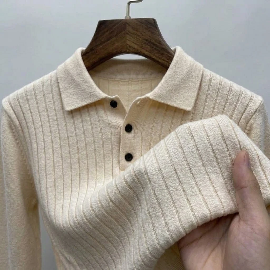 Men's Knit Sweater Long Sleeve Polo Shirt Casual Pullover Winter Thermal Slim Fit Solid Color Tops for Men Lapel Outerwear Shirt