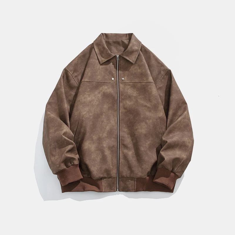 

American Retro Workwear PU Leather Jaet Men's Spring Loose Couple Biker Jaet Vintage Sle Long Sve Flip Collar Coat