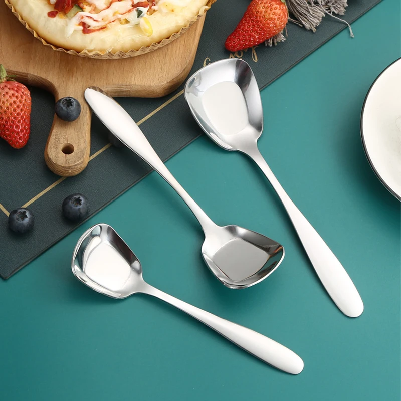 Stainless Steel Square Head Flat Bottom Spoon Thickened Yuanbao Spoon Dessert Spoon Student Spoon Ice Cream Small Soup Spoon