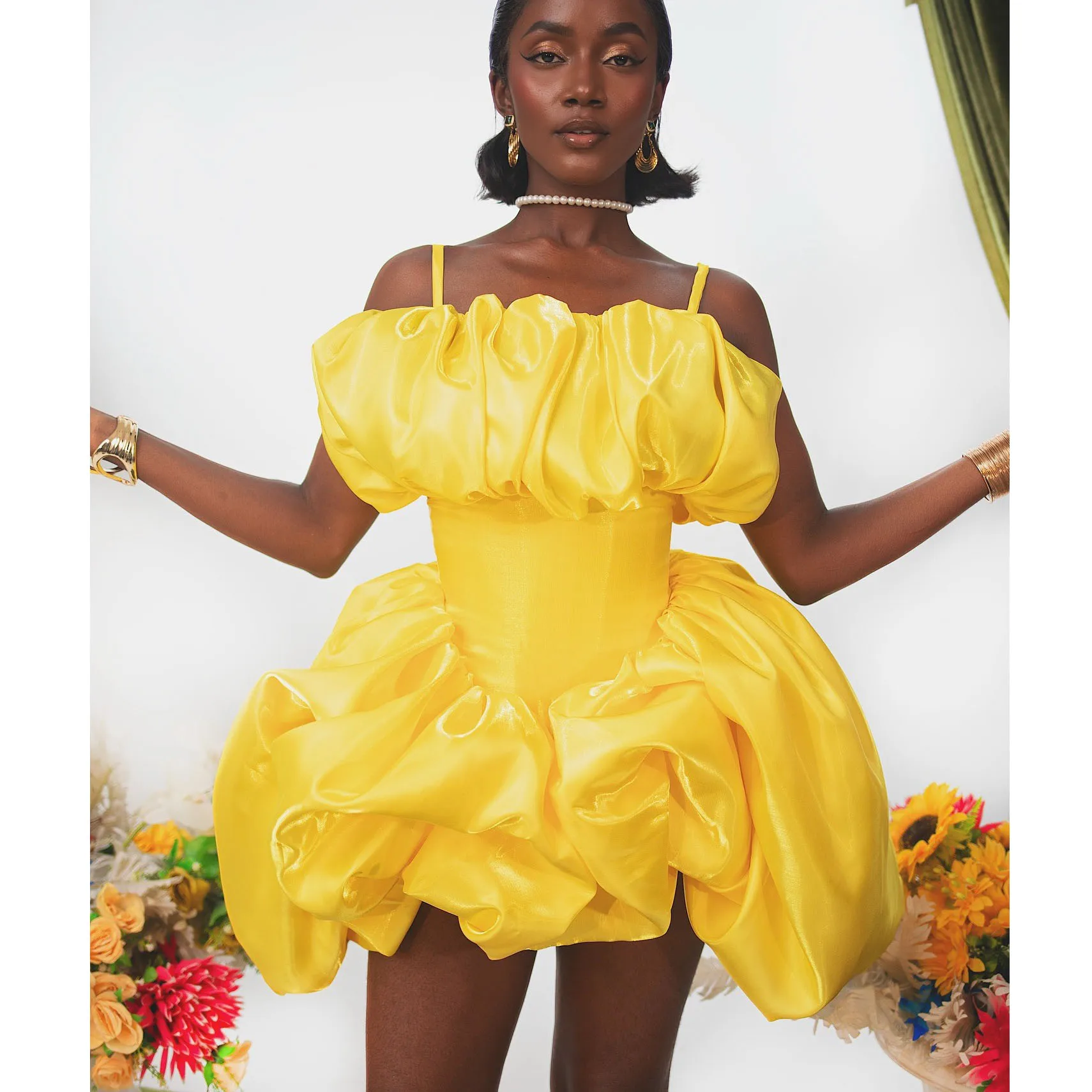 

Couture Bright Yellow Bubble Short Women Dresses With A Corset Waist Aso Ebi Girls Party Dress