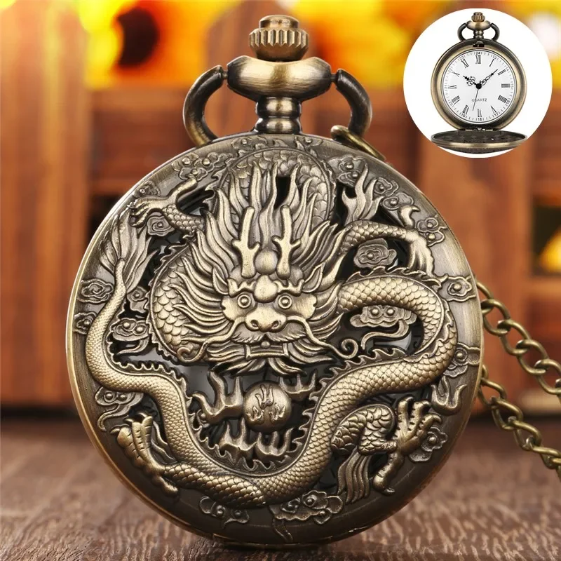 Classic Engraved Dragon Full Hunter Roman Number Quartz Pocket Watch for Men Women with Necklace FOB Chain Gift reloj