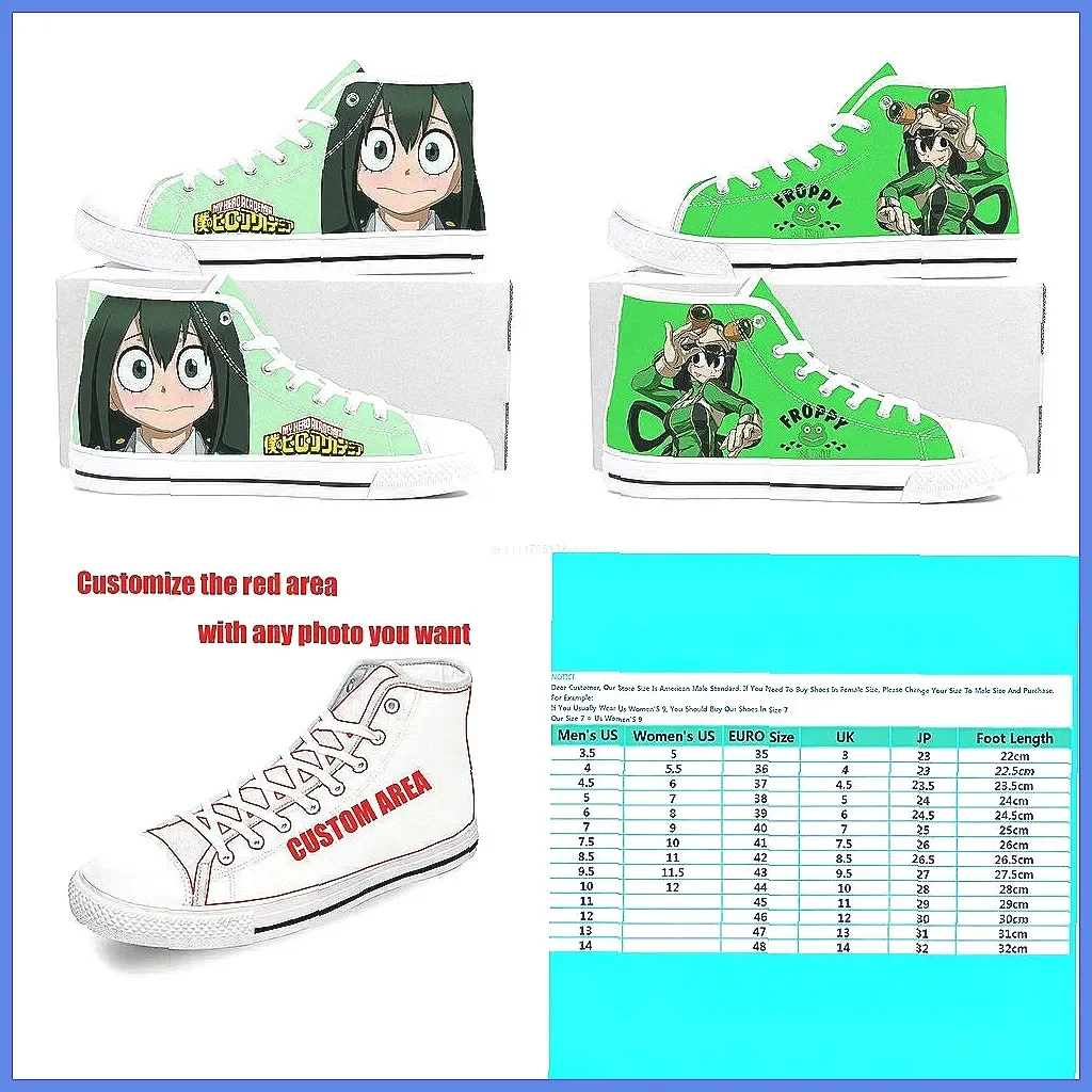 **My Hero Academia Cartoon Asui Tsuyu Zapatillas altas de lona, zapatos unisex para parejas personalizados**