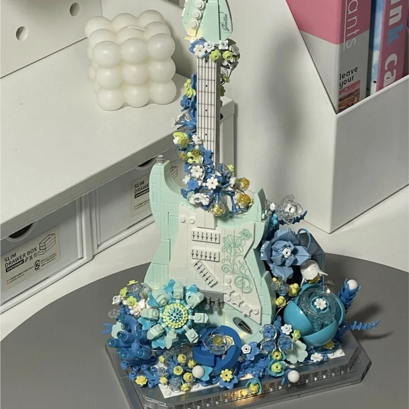 Bass Guitar Building Block Bouquet Small Particle Music Series Girls Adult Edition Instrument Assembly Toy Gift Desktop ornament