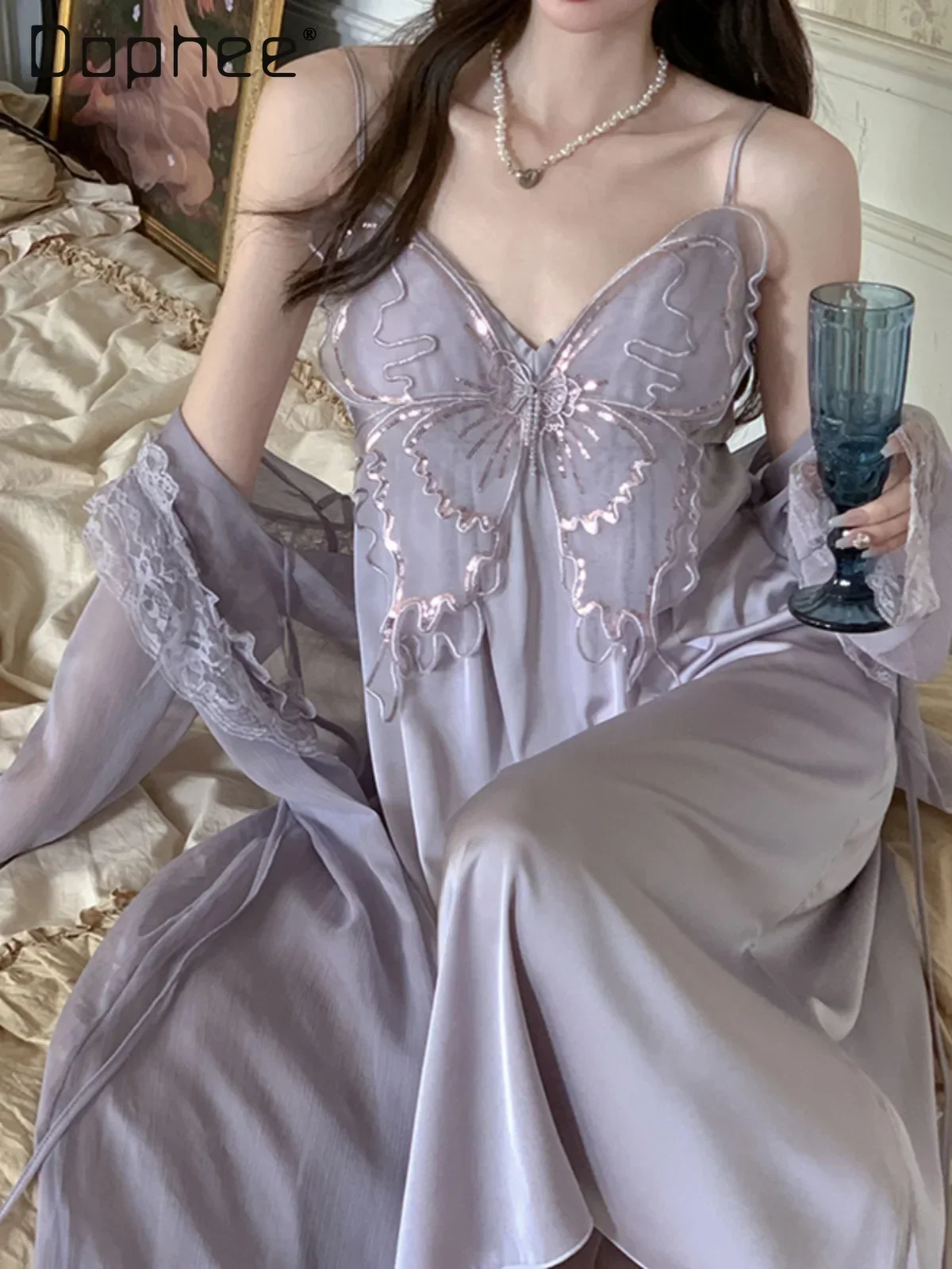 

Purple Butterfly Slip Nightdress Ice Silk Women's with Removable Chest Pads Lace Mesh Robes Nightgown Sets Mid Length Sexy