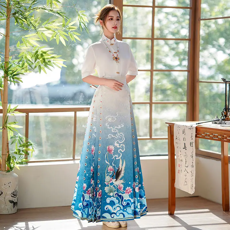 

‌ Оригинальный женский комплект Hanfu - современная китайская юбка в стиле Hanfu + рубашка с вышивкой и воротником-стойкой, элегантный традиционный костюм