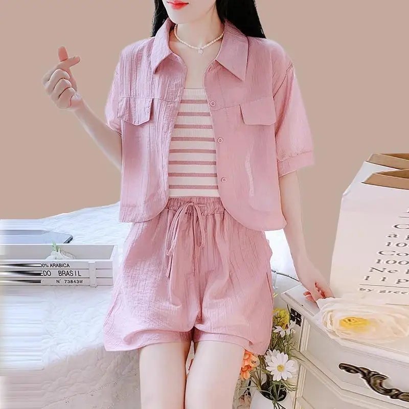 

Summer Outfit Set 2026 New Style Small Size Loose Short Sleeve Jacket Stripe Anti-Aging Strap Shorts Women Fashion Set