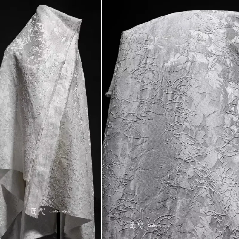 

White Linear Botanical Jacquard Fabric Creative Texture Embroidery Jacket Suit Skirt Clothing Designer Fabrics