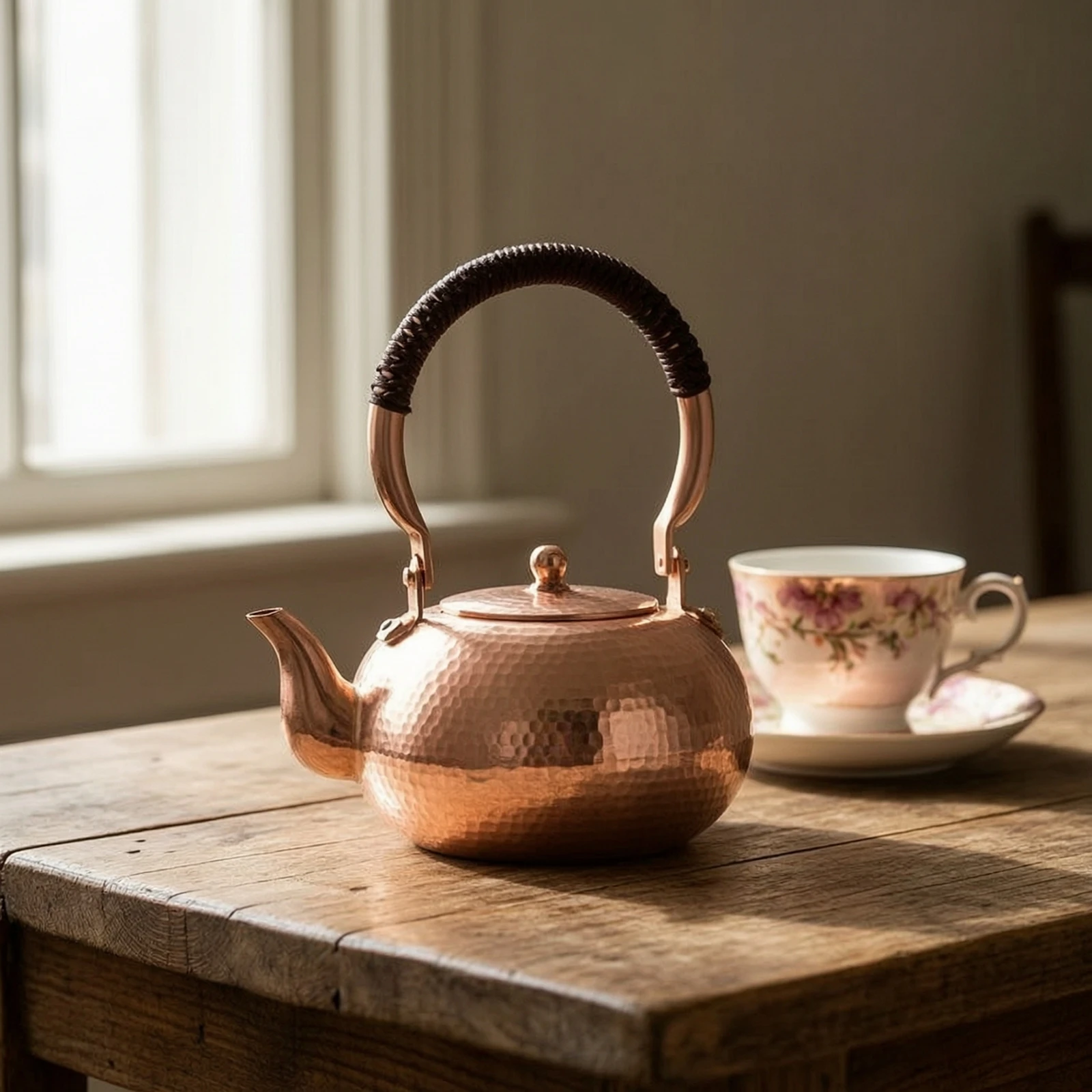 Hammered Copper Tea Kettle Flat-Bottom Tea Kettle with Wrapped Handle Teapot Comfortable Pouring Vessel Heat-Resistant