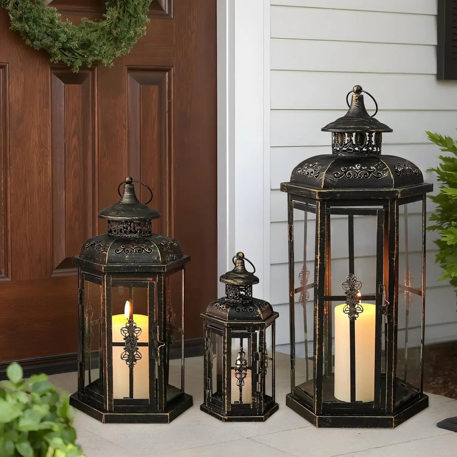 

Set of 3 Vintage Metal Candle Lanterns for Outdoor Indoor Wedding Farmhouse Decor Black Gold
