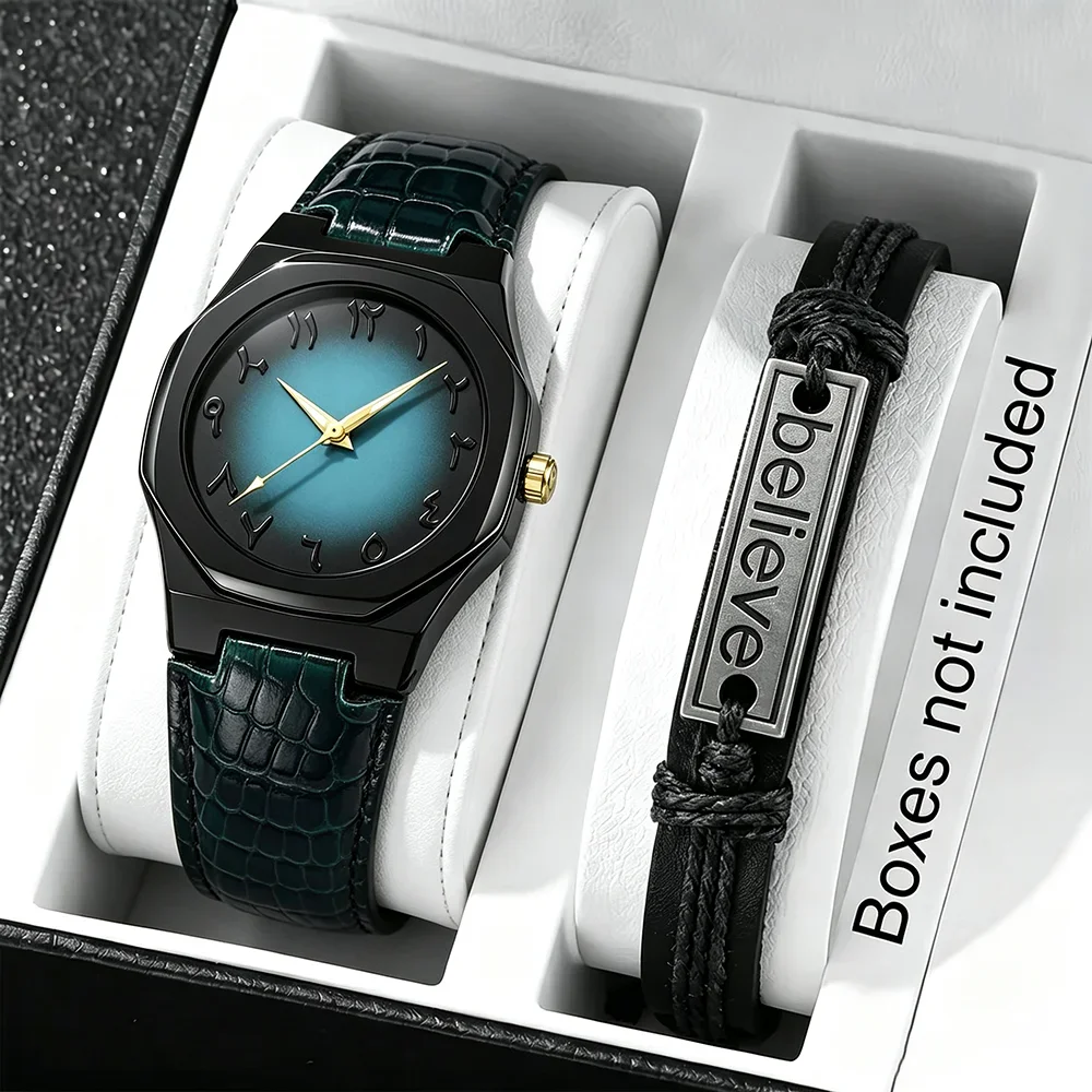 2Pcs Men's Quartz Watch Set, Men's Watch & Bracelet. Great Gift for Him, Suitable for Daily Casual Wear or Special Occasions