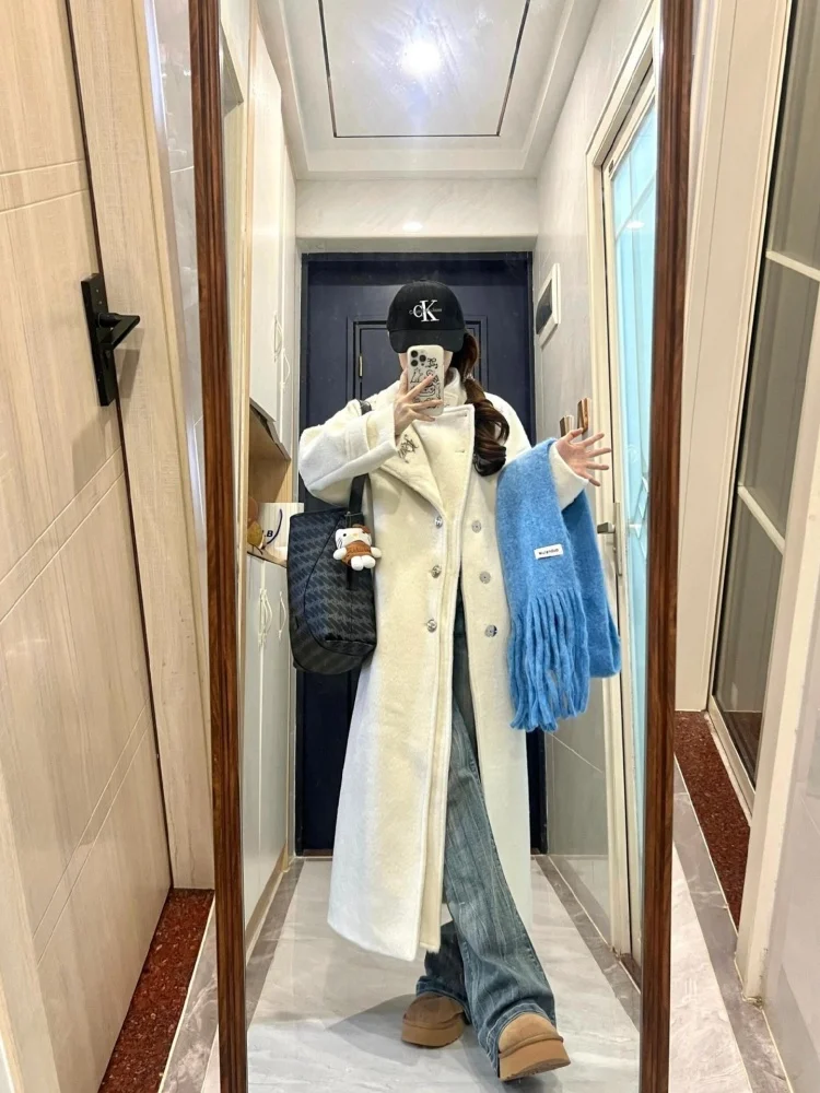 

mat White Draped Elegance Belted Coat Winter Double-Faced Wool Thi Outerwear Long Slimming Snowy und Outer Jaet