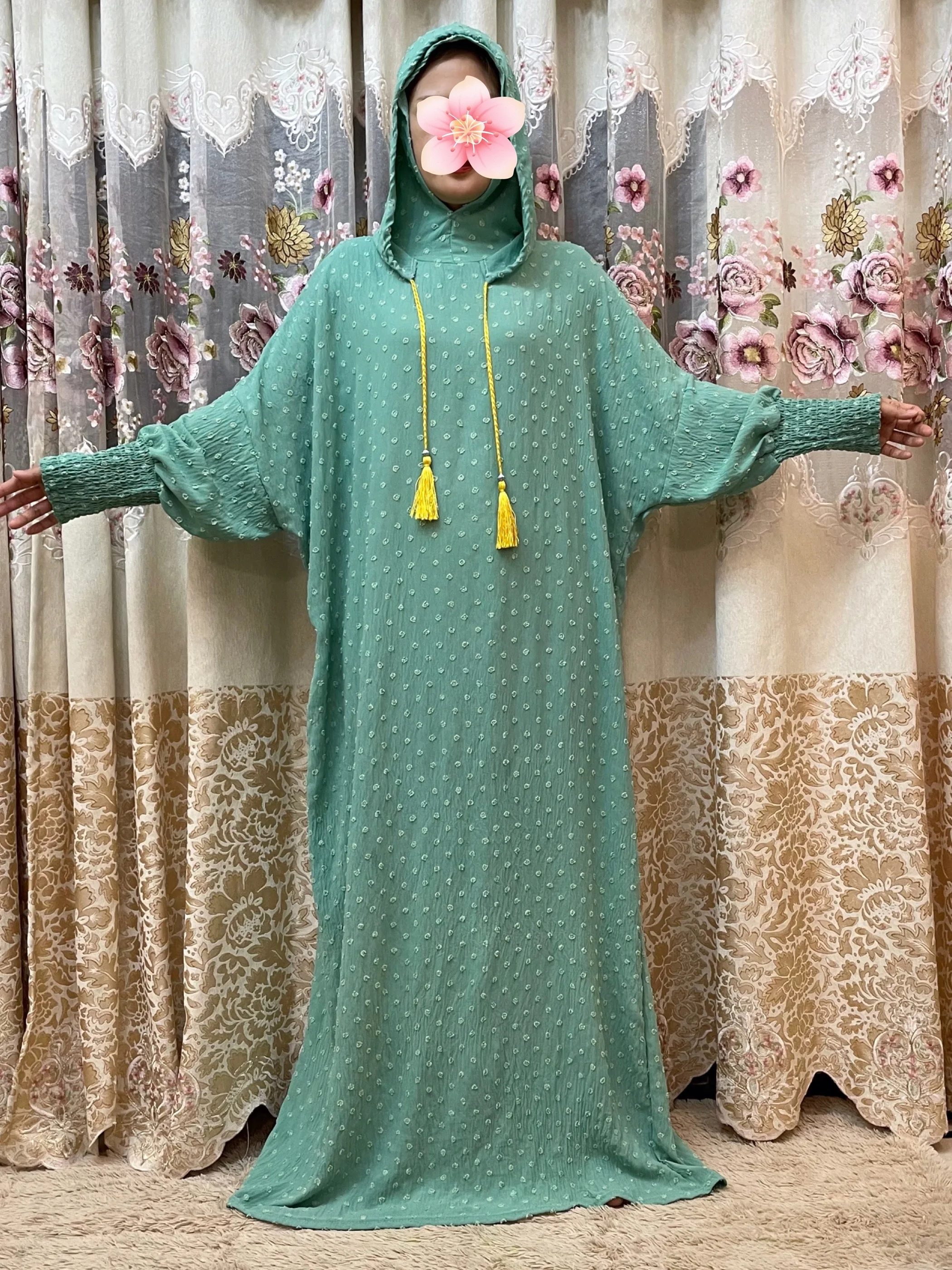 2024Ramadan Muslim Women's Cotton Abaya  Dubai Printed Soft Jacquard Fabric Middle East Femme Robe  Loose African Two Hats Dress