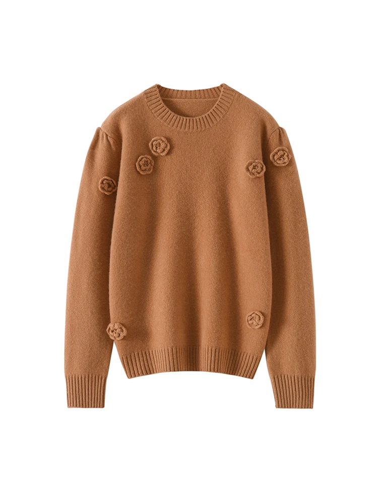 

Chic Women's 100% Merino Wool Sweater O-neck Handmade Hook Flower Pullover Office Lady Soft Cashmere Knitwear Autumn Winter Tops