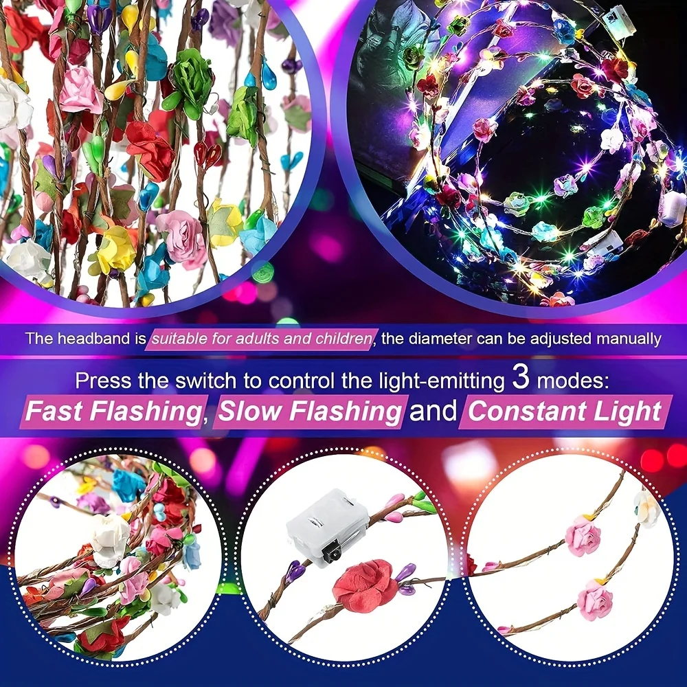 12pcs Glow in The Dark Party Supplies 4pcs LED Flower Crown Headbands + 8pcs LED Light Up Fiber Optic Hair Barrettes Clip