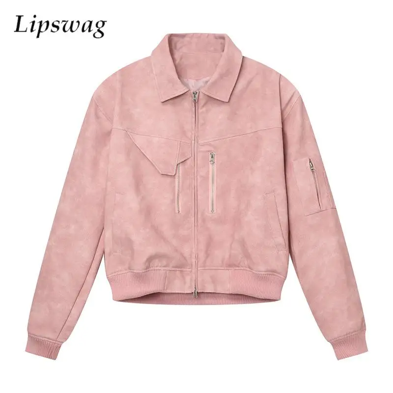 

Y2K Style Pink Crop Jackets Spring Autumn Streetwear Vintage Mens And Womens Outerwear Fashionable Solid Color Cargo Jacket Coat