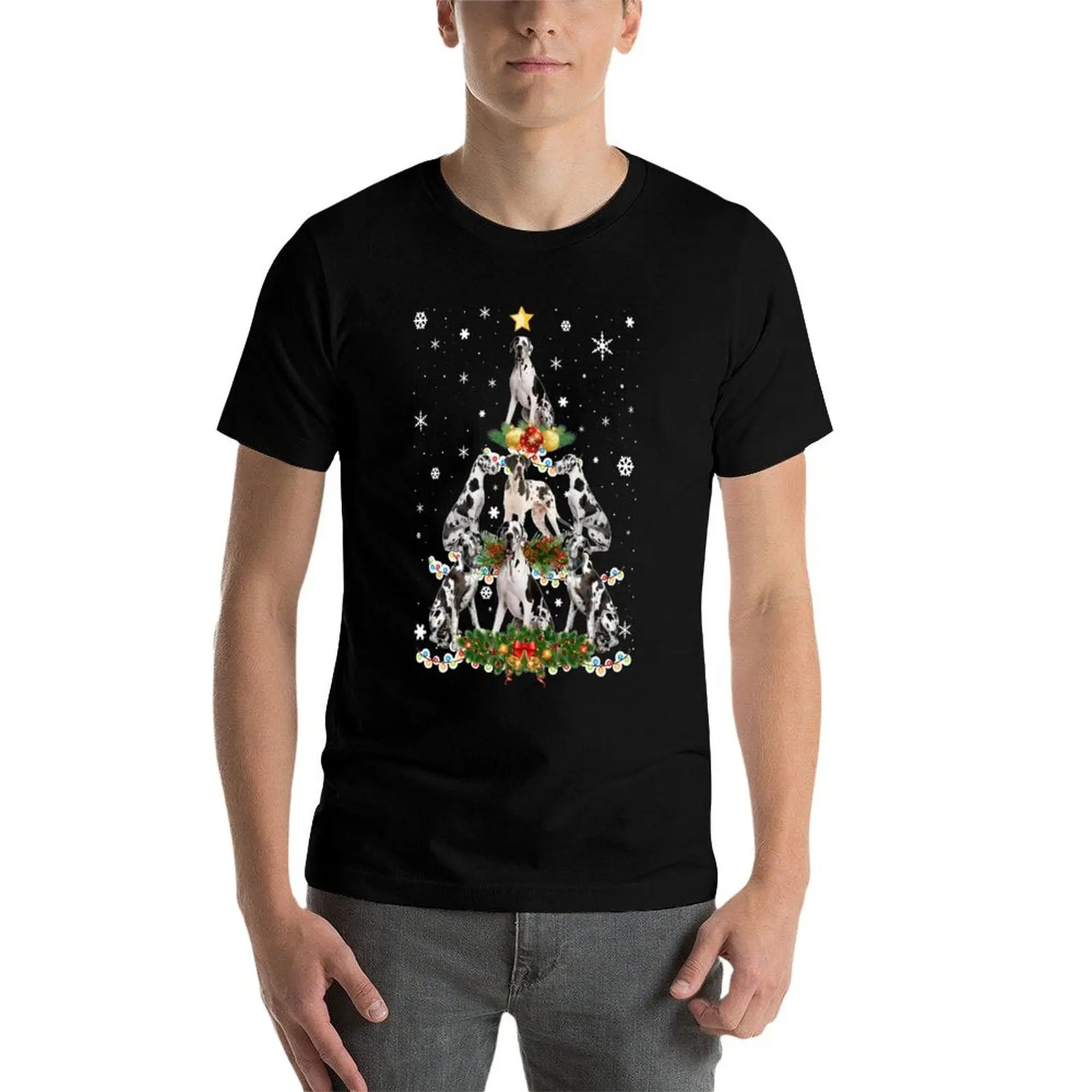 

Футболка Great-Dane-Christmas-Dog-Tree-Lights-Pajamas-Funny-Dogs, футболки с рисунком для мужчин, забавные футболки, мужская футболка
