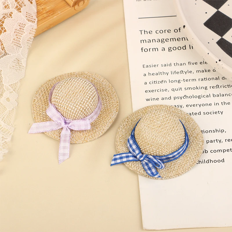 2Pcs Miniature Straw Hat Mini Doll Straw Hats With Bow Hat Doll House Ornament Hand Weaved Dollhouse Accessories