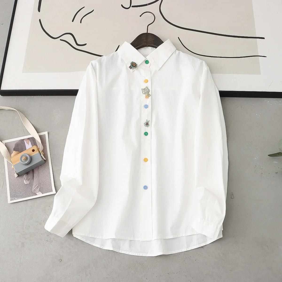 

100% Cotton White Blouses Japan Long Sleeve Cartoon Cats Shirts Elegant Youthful Women's Clothing Blouses Chubby Blouses