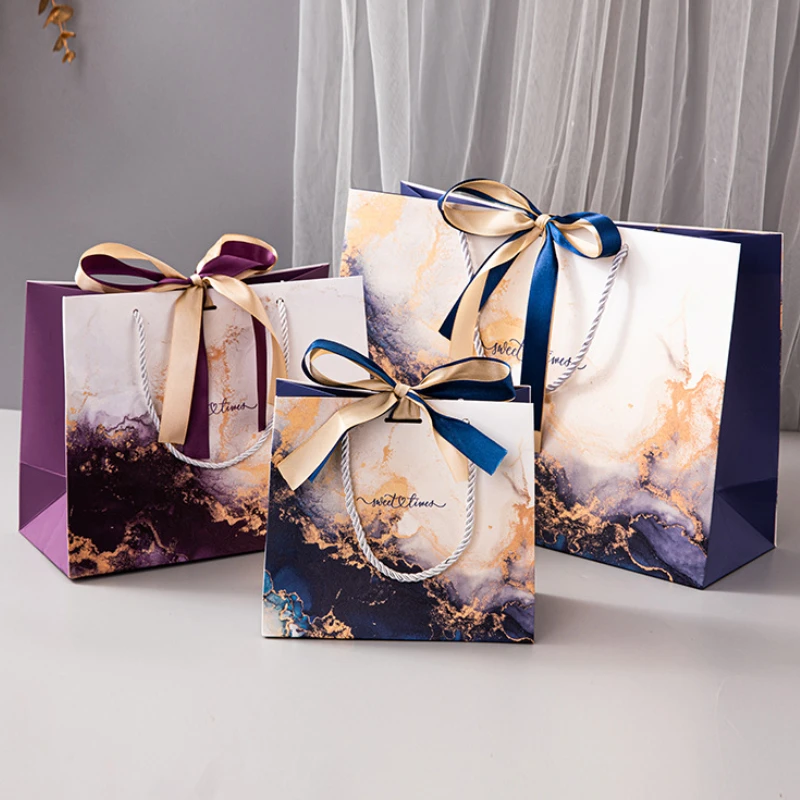 

Senior Blue Purple Marble Paper Packaging Bag Women Gift Bags Souvenir Birthday Party Present Wedding Clothing Favours Box 10PCS