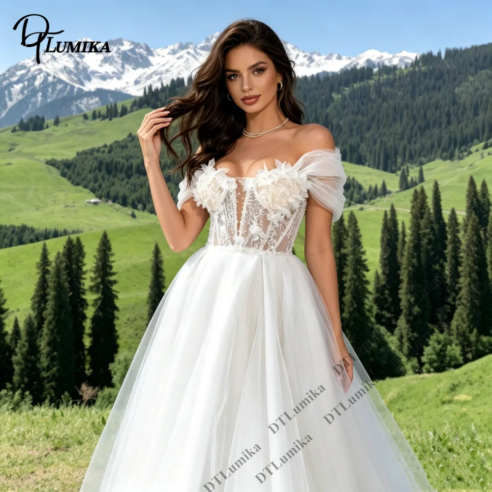 DTLumika Customized Women's A Line Wedding Dress with Off Shoulder Sleeves Lace Corset Details Long Tulle Bride Dresses 2026