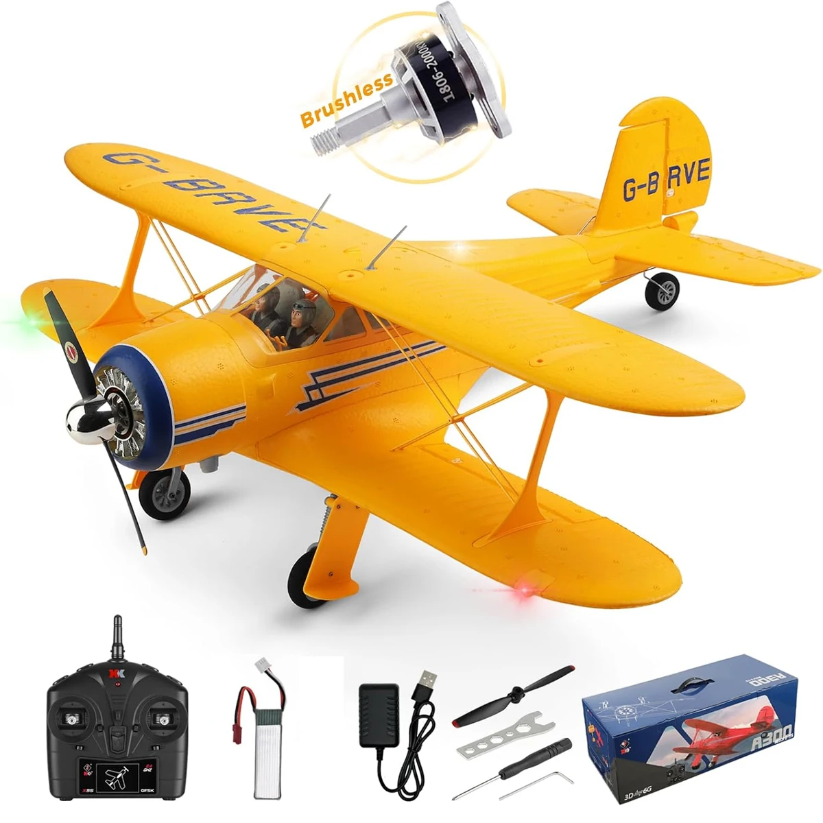 

WLtoys A300 4-CH RC Plane, Beechcraft D-17 RC Airplanes with Lights, 6G/3D Brushless RC Planes for adults, Outdoors and Gifts