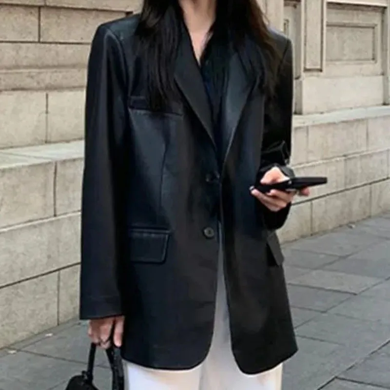 Frühling Herbst Dame Langarm Anzug Leder Retro Frauen Große Größe 4XL PU Leder Jacke 2025, Femme Hochwertige kunstleder Top