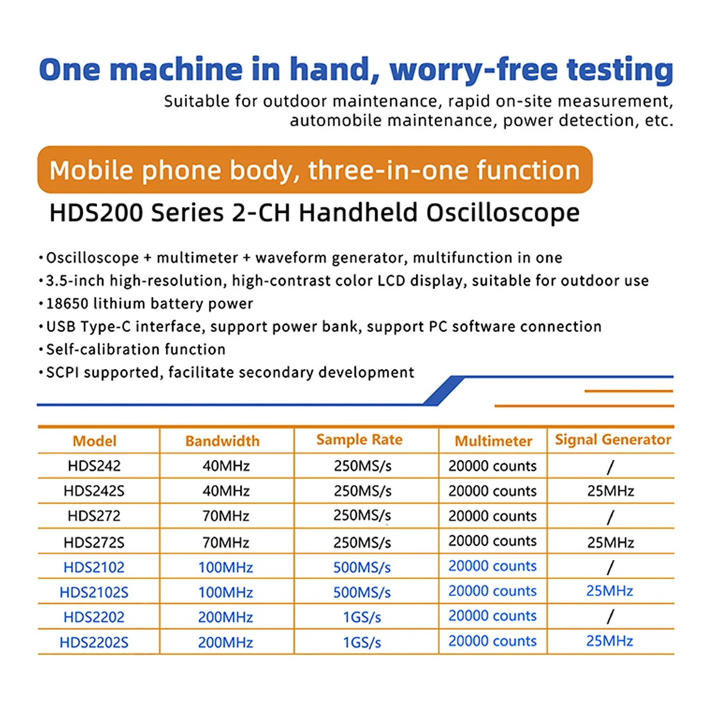 OWON HDS2102S 2 Channels 100MHz 500MSa/s Portable Digital Oscilloscope + Multimeter + Waveform Generator 3-in-1 Measurement Tool