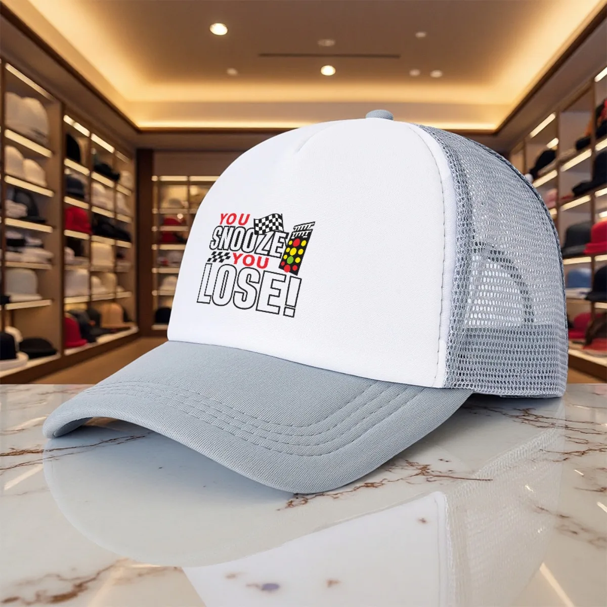 You Snooze You Lose Racing Drag Strip Trucker Hat Mesh Cap Breathable Outdoor Sports Adult