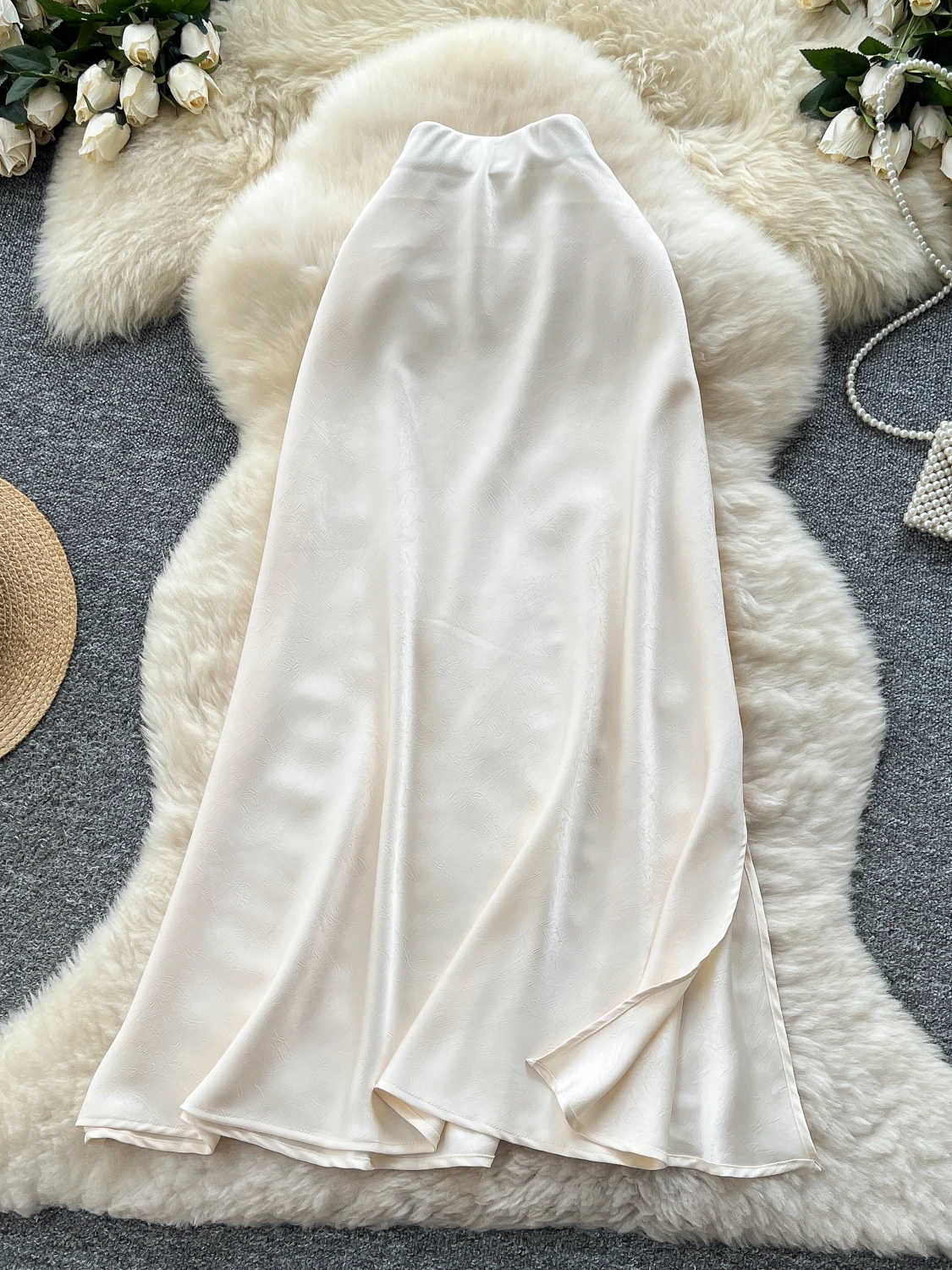 

Ele Simple Design High Waist A-Line Skirt for Women Side Slit Summer Faion Lady Beautiful Long Skirt Korean Sle