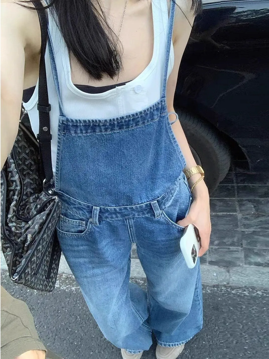 Retro American Loose Wide Leg Denim Overalls Women's High Waist Slimming Floor-Length Pants Cotton Blend Comfortable Fit
