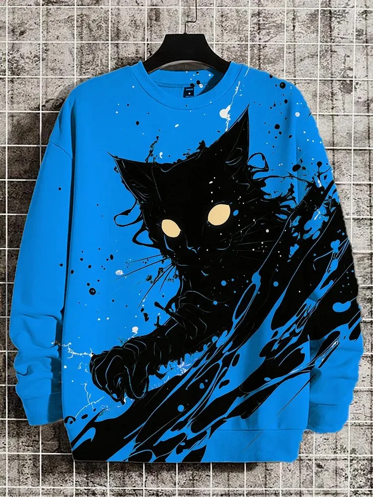 Men\'s Animal Cat Sweatshirts Long Sleeve Sweatshirt O-Neck Fashion Cool 3D Printed Japanese Art Prints Casual Sweatshirts