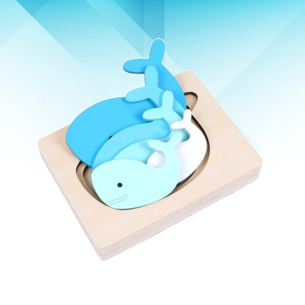 Drewniane, wielowarstwowe puzzle ze zwierzętami, niebieski gradient, wieloryb, kreskówkowe, trójwymiarowe panele, gra edukacyjna do wczesnego rozwoju poznawczego.