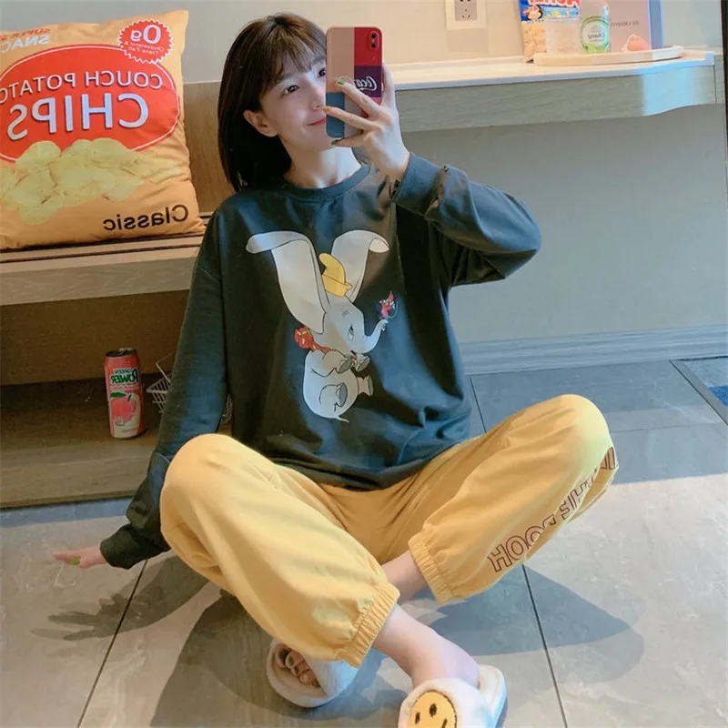 Women Disney Cartoon Dumbo Print Pajamas Ladies Spring Autumn Long Sleeve Plus Size Cartoon Autumn Winter Homewear Pajamas Set