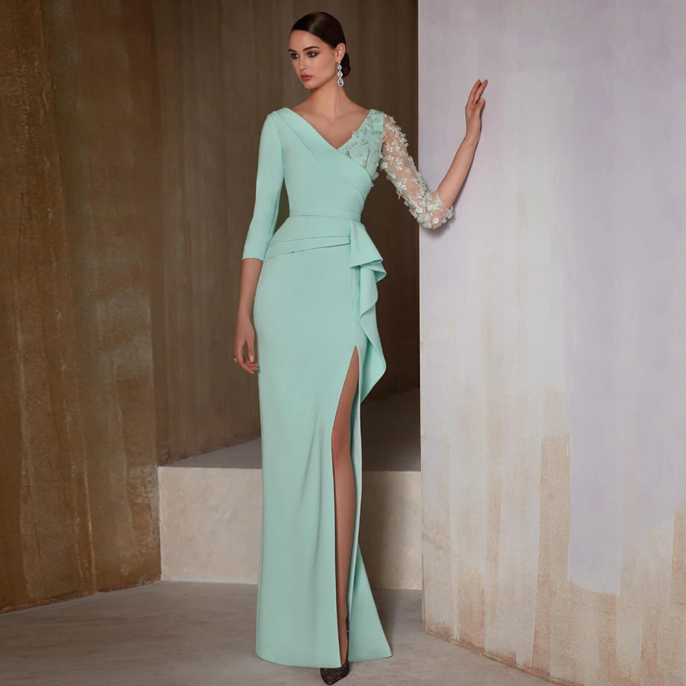 Mint Mother of The Bride Dress V Neck 3/4 Sleeves Pleat Ruffles High Slit Sweep Train Mermaid Evening Dresses Wedding Guest Gown