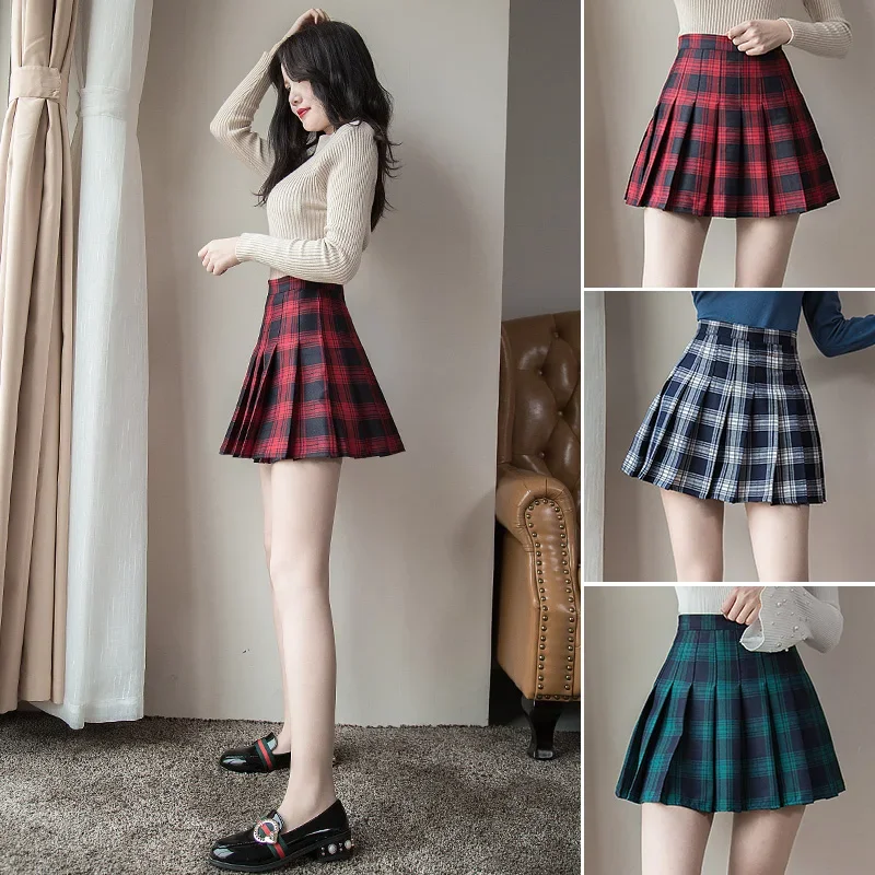 Mini plisowane spódnice z wysokim stanem w kratę słodkie kobiety Harajuku linia A marynarskie jesienne eleganckie spódnice dla kobiet ubrania
