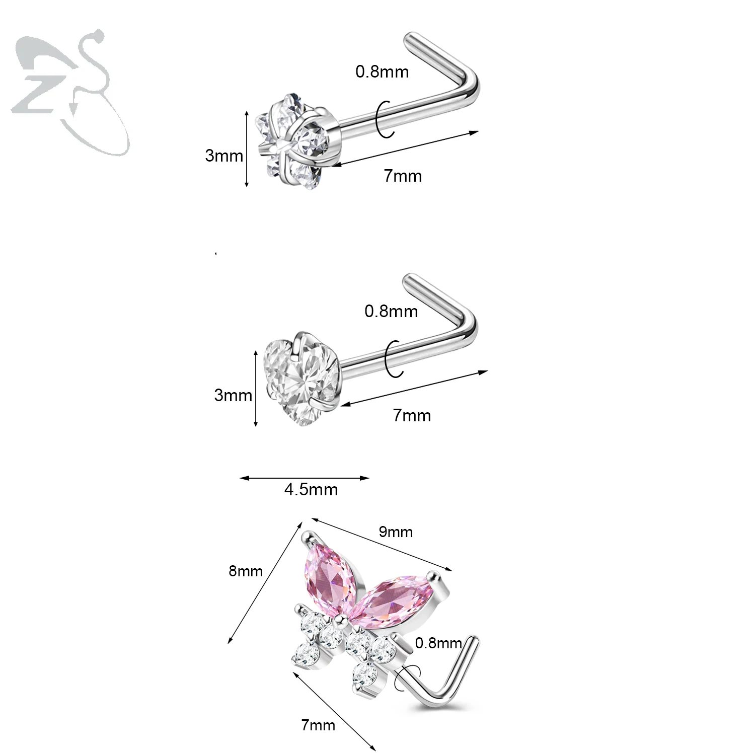3pcs Stainless Steel Nose Stud Set with Crystals