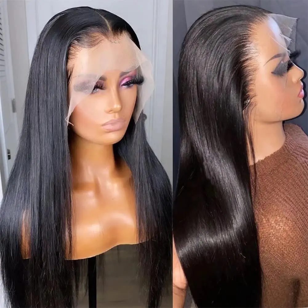 Wig lurus renda depan 30 inci rambut manusia dengan kepadatan 180 untuk wanita 13x6 wig renda depan rambut manusia telah ditanami hitam alami