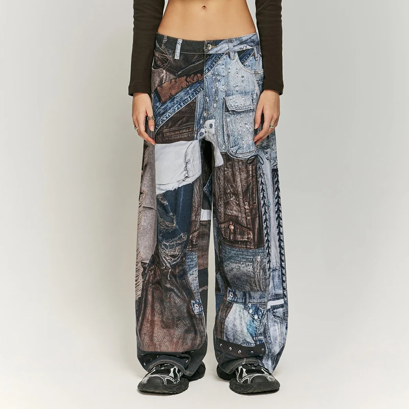 

American Street Vintage Patchwork Digital Printed Jeans Male and Female Trendy Brand Loose Wide Leg Fashion High-End Trousers