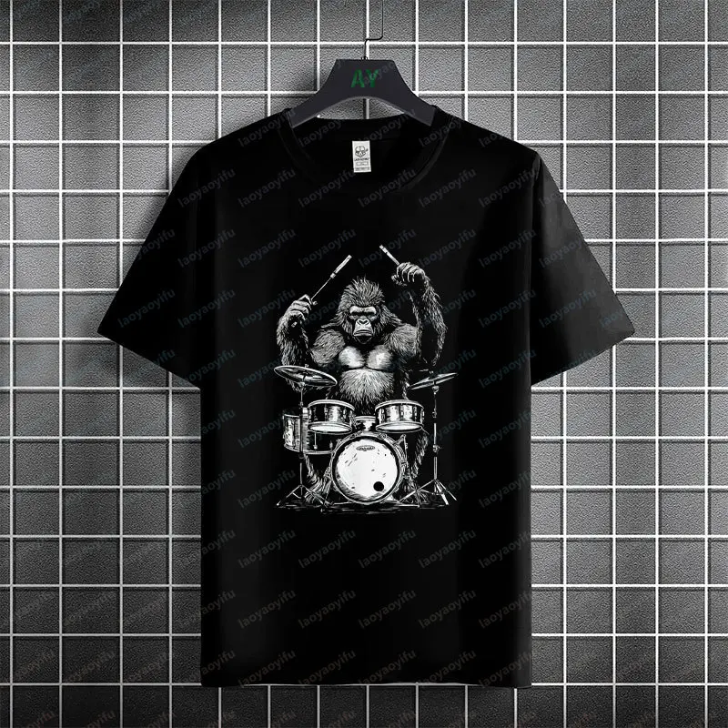 Funny Gorilla Drumming Graphic T-Shirt 100% Cotton Short Sleeve Round Neck Fashion Humor Style Tee for Drummers & Music Fans