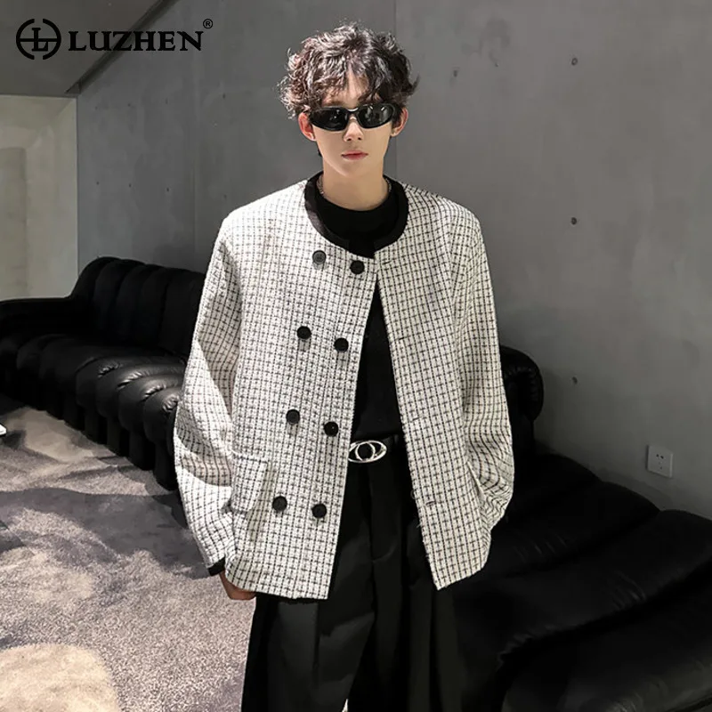 LUZHEN 2025 New Handsome Color Contrast Round Neck Plaid Printed Casual Jacket Men's Fashion Double Breasted Male Coat JY5340