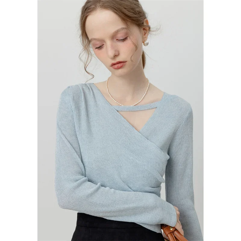 EGGKA Autumn V Collar Knitted Tops Women Casual Solid Knitwear Strap Design Slim Long-sleeve Shirts Korean Fashion Knit T-shirts