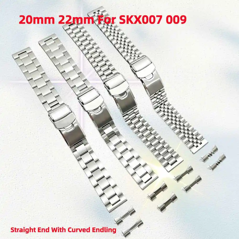 Jubiele 20mm 22mm SKX007 Stainless Steel Silver President straight Curved End Oyster Watch Strap Band Fits for SKX007 009 Watch